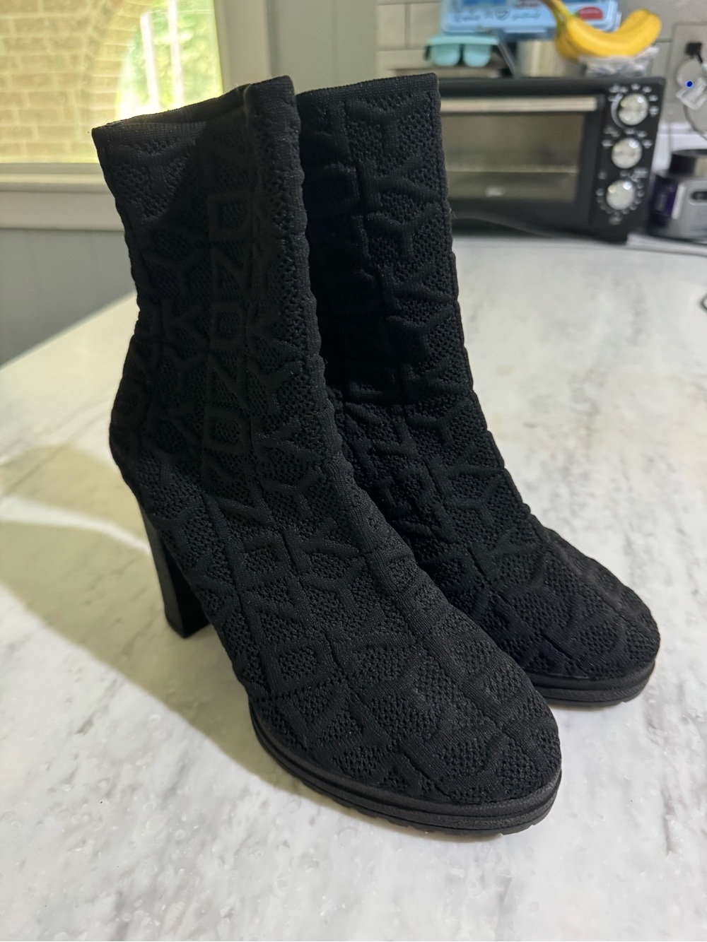 DKNY Logo Neutral Classic Black Knit Sock Booties 4” Comfortable Block Heel 6.5
